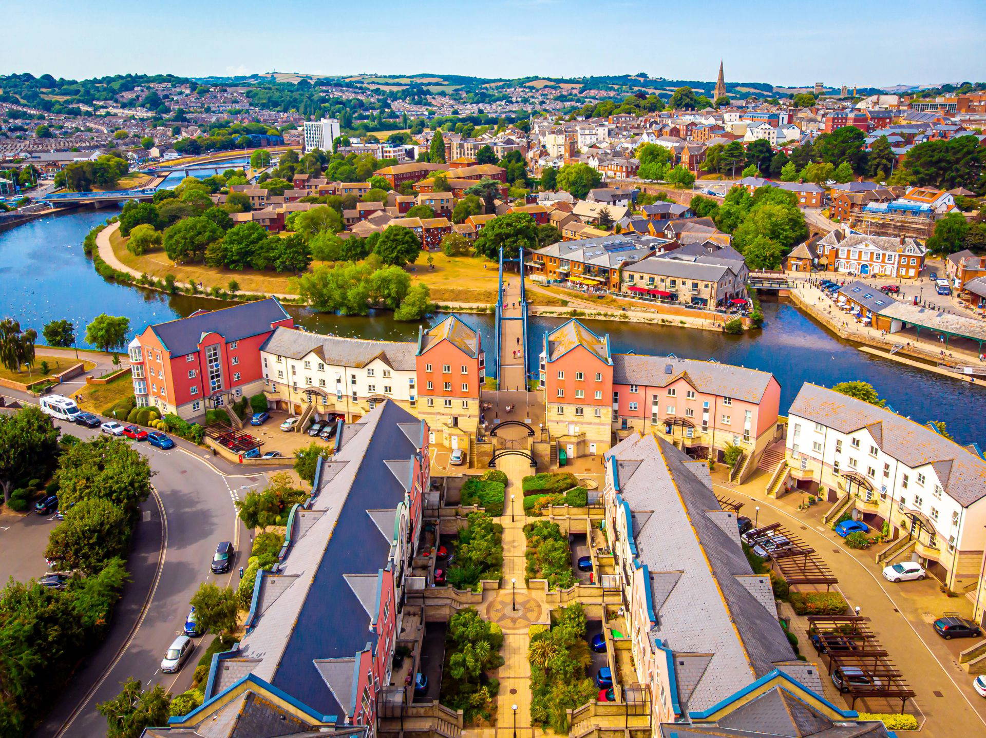 Overhead shot of the city of Exeter on the quay