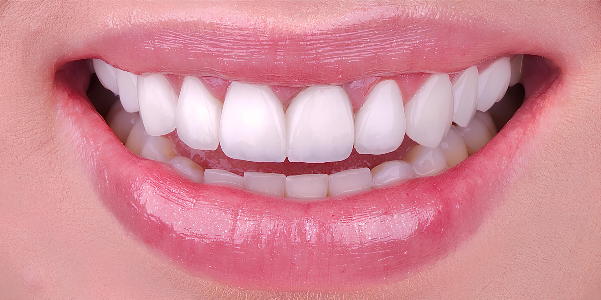 Close-up of teeth after dental veneer treatment showing improved alignment and whiteness – after photo